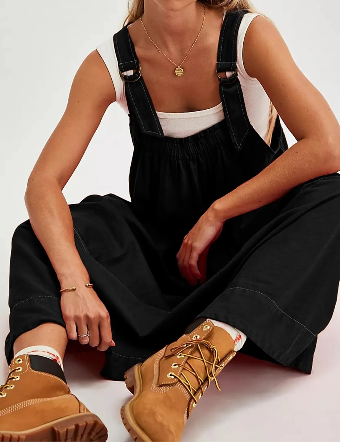 Hooever Barrel Overall Dress for Women Loose Adjutable Strap Big Pockets Jumper Dress Midi Bib Overall