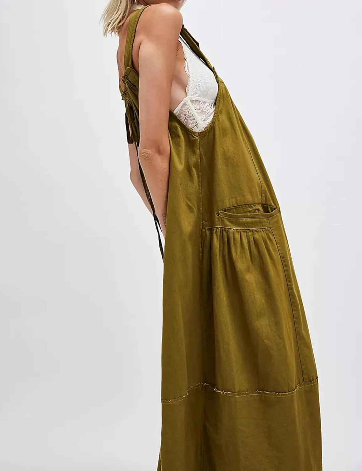 Hooever Barrel Overall Dress for Women Loose Adjutable Strap Big Pockets Jumper Dress Midi Bib Overall