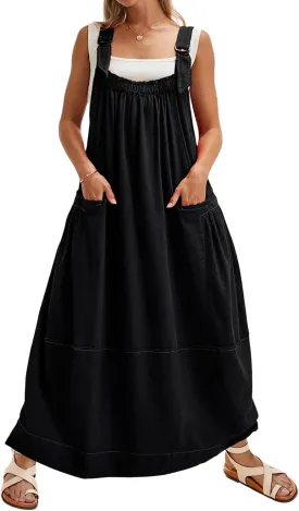 Hooever Barrel Overall Dress for Women Loose Adjutable Strap Big Pockets Jumper Dress Midi Bib Overall