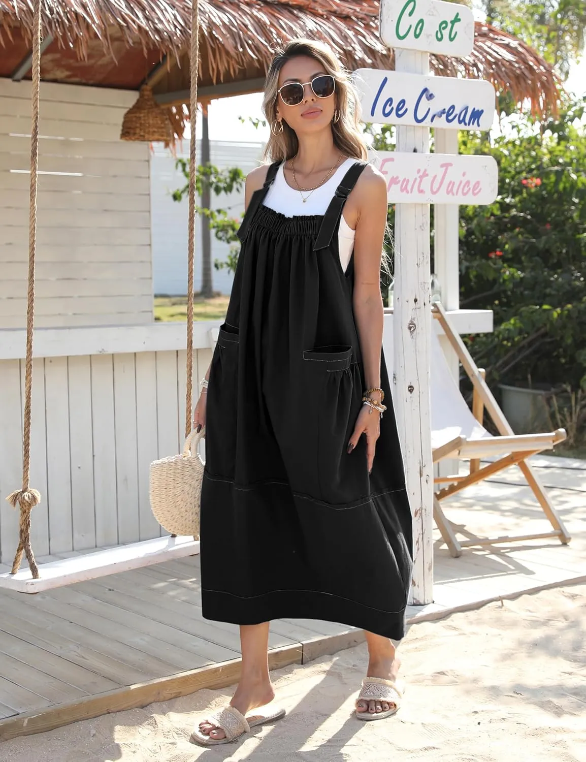 Hooever Barrel Overall Dress for Women Loose Adjutable Strap Big Pockets Jumper Dress Midi Bib Overall