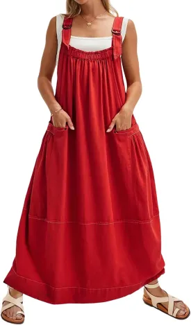 Hooever Barrel Overall Dress for Women Loose Adjutable Strap Big Pockets Jumper Dress Midi Bib Overall