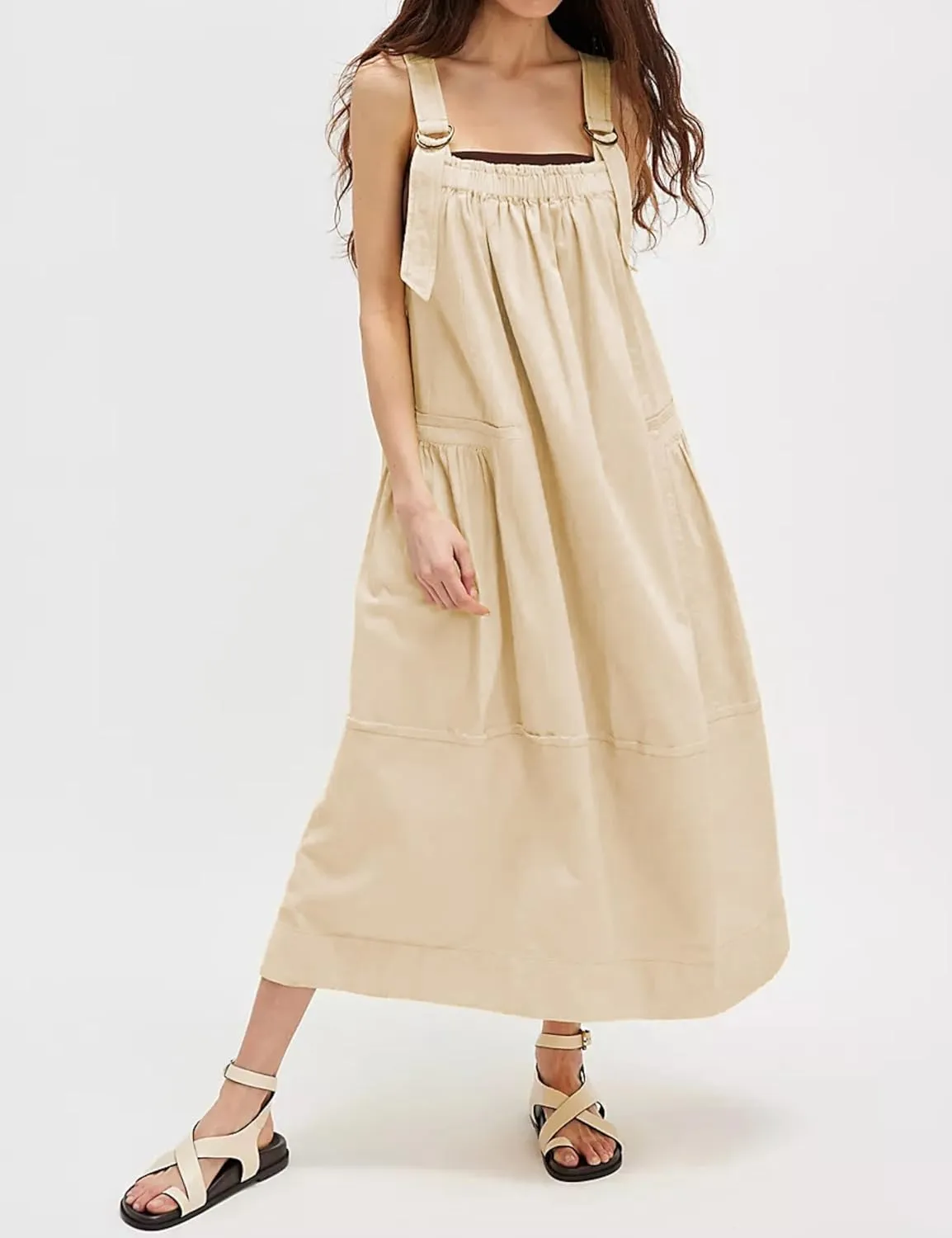 Hooever Barrel Overall Dress for Women Loose Adjutable Strap Big Pockets Jumper Dress Midi Bib Overall