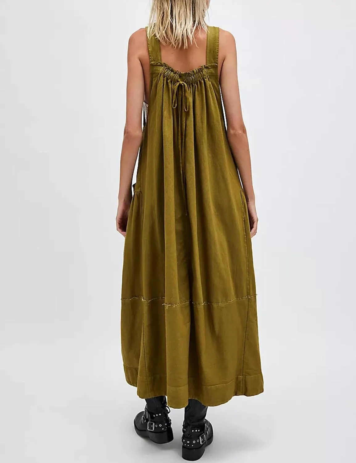 Hooever Barrel Overall Dress for Women Loose Adjutable Strap Big Pockets Jumper Dress Midi Bib Overall