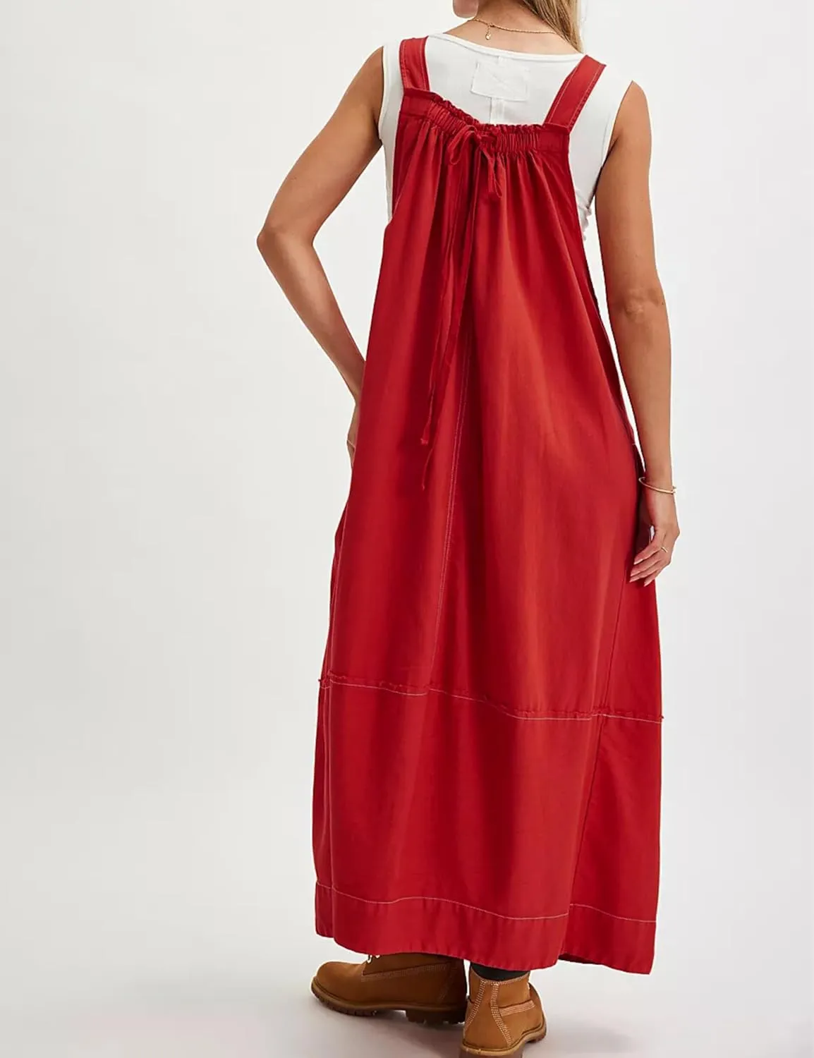 Hooever Barrel Overall Dress for Women Loose Adjutable Strap Big Pockets Jumper Dress Midi Bib Overall