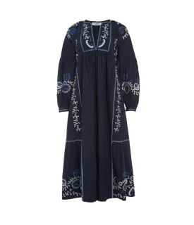 Inga Embroidery Long Sleeve Dress in Navy
