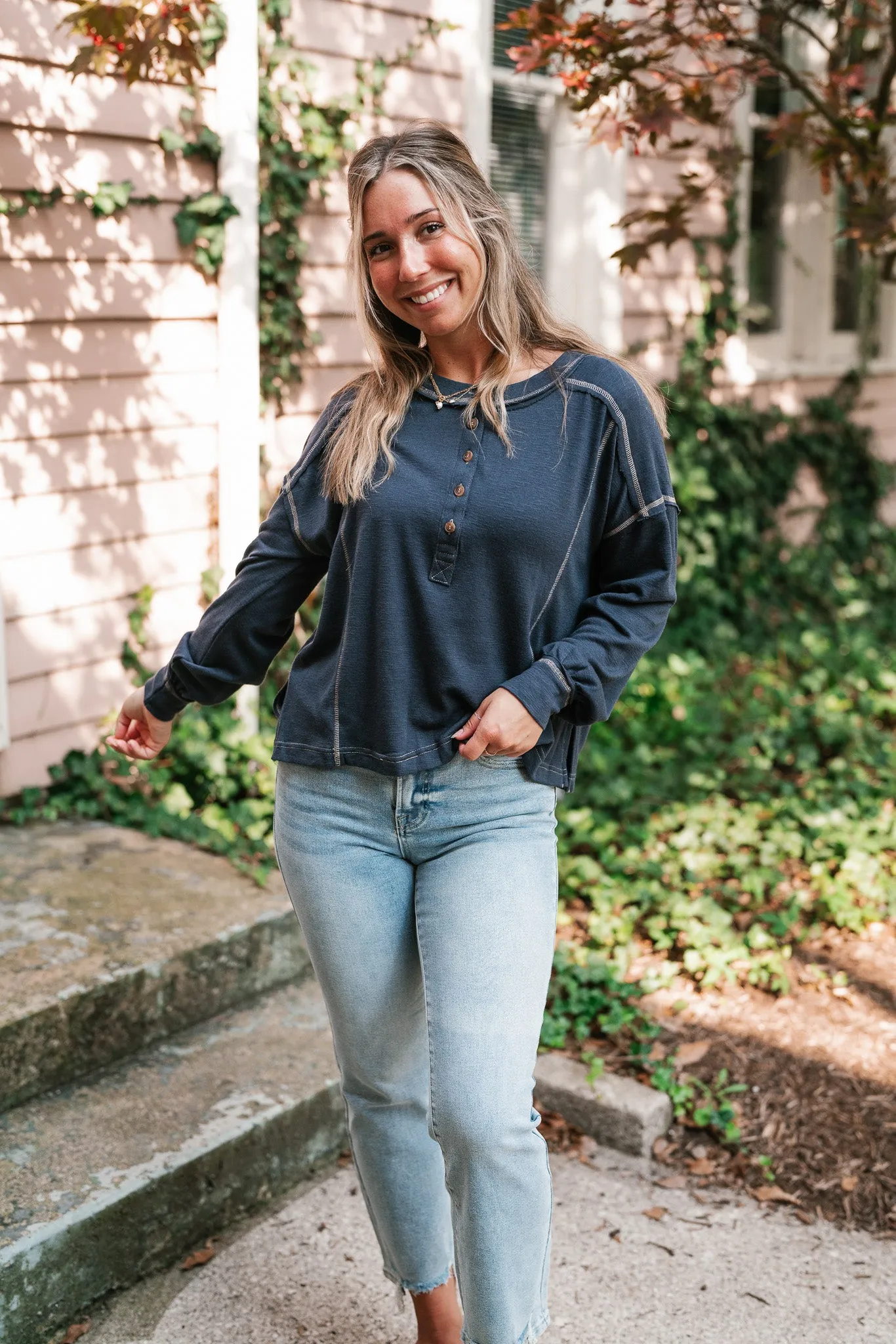 Keeping It Cozy Long Sleeve Henley Top - Navy
