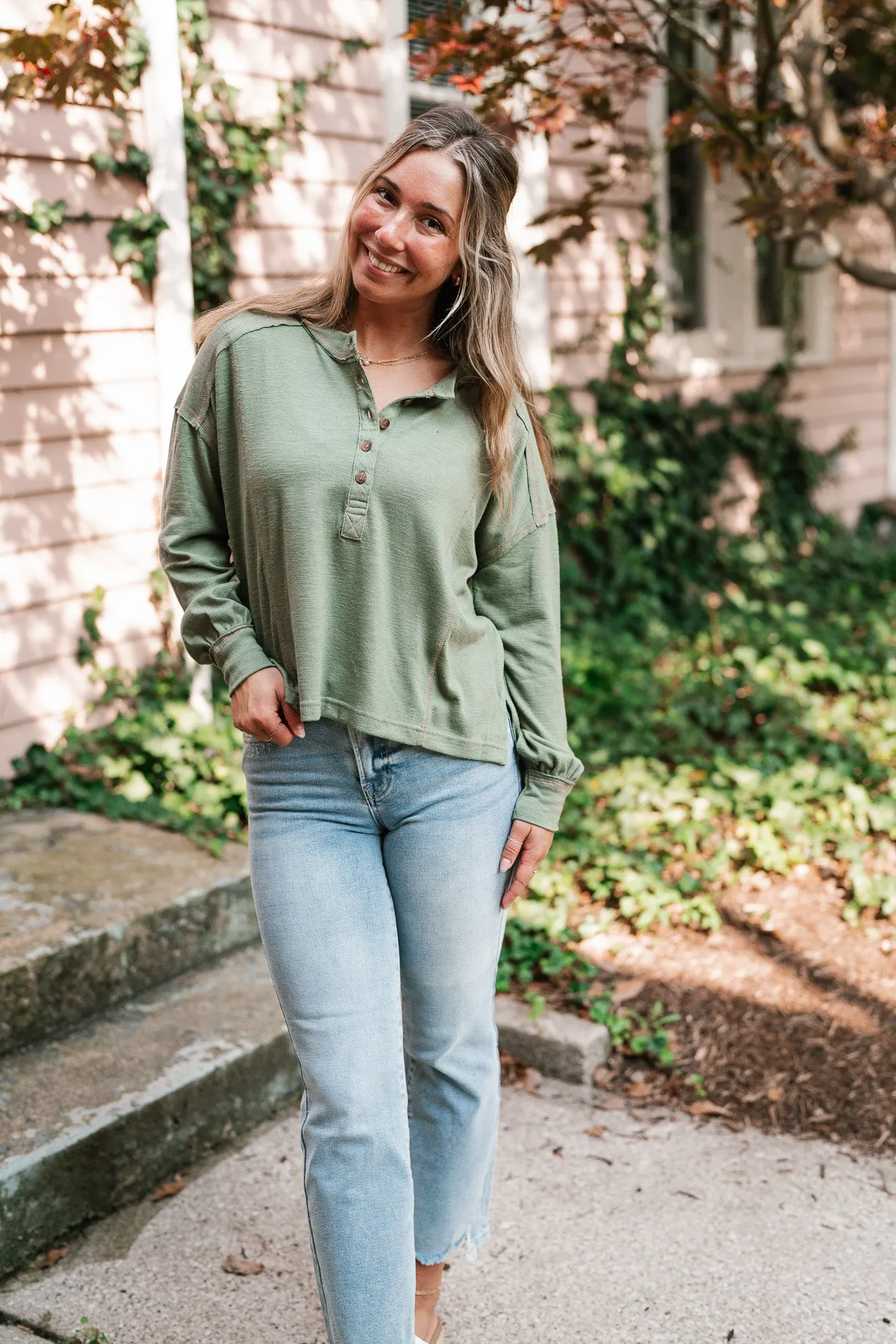 Keeping It Cozy Long Sleeve Henley Top - Olive