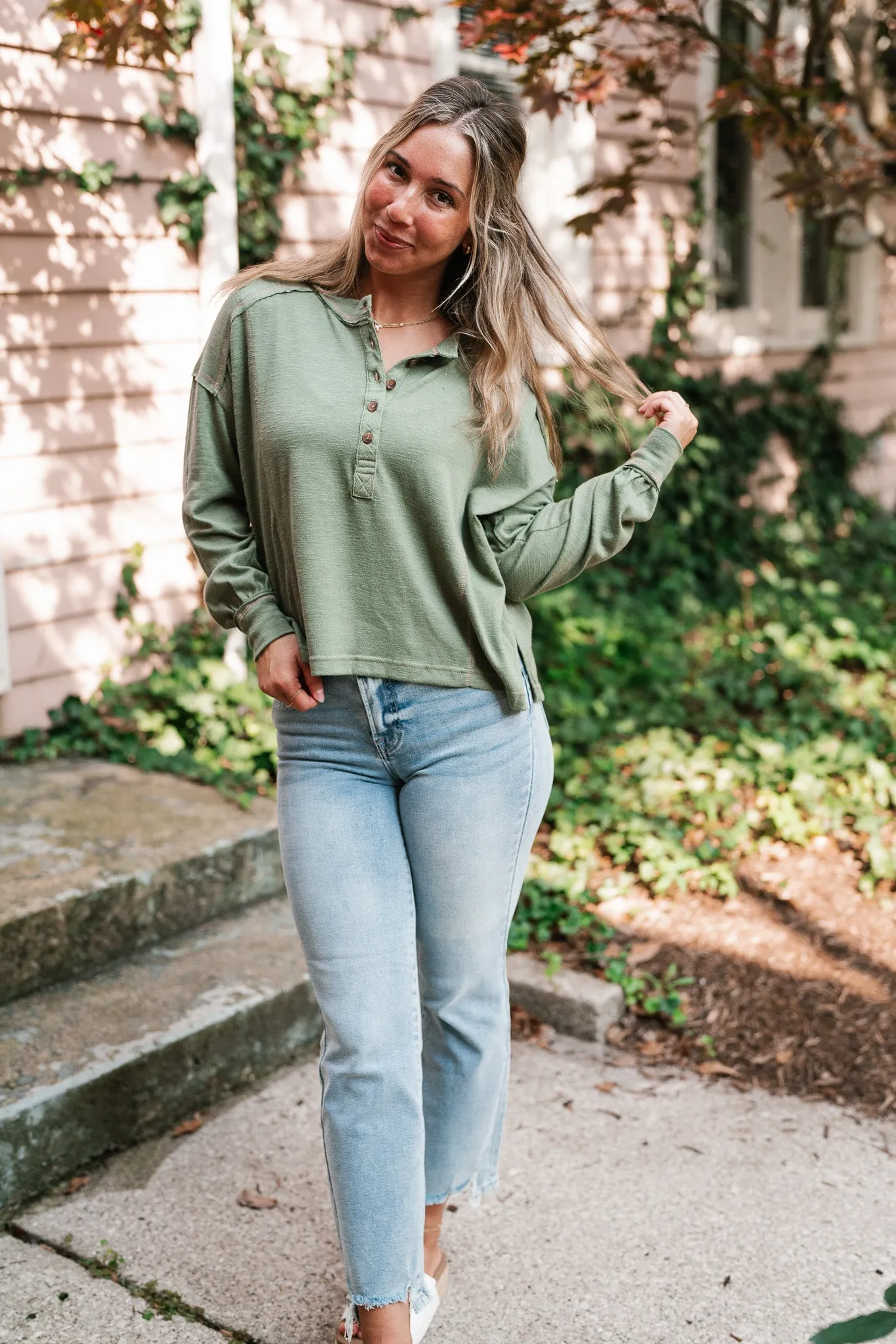 Keeping It Cozy Long Sleeve Henley Top - Olive