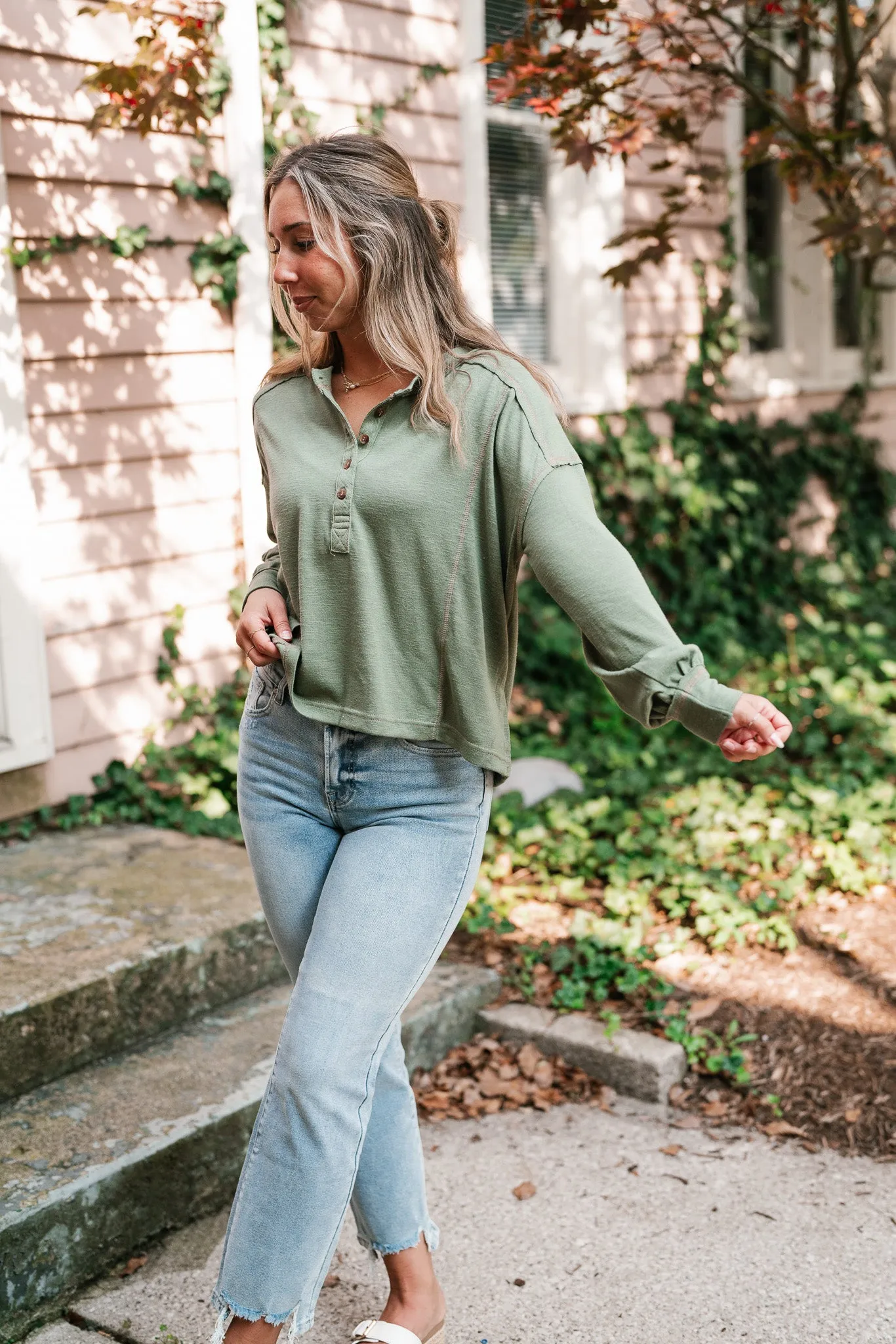 Keeping It Cozy Long Sleeve Henley Top - Olive