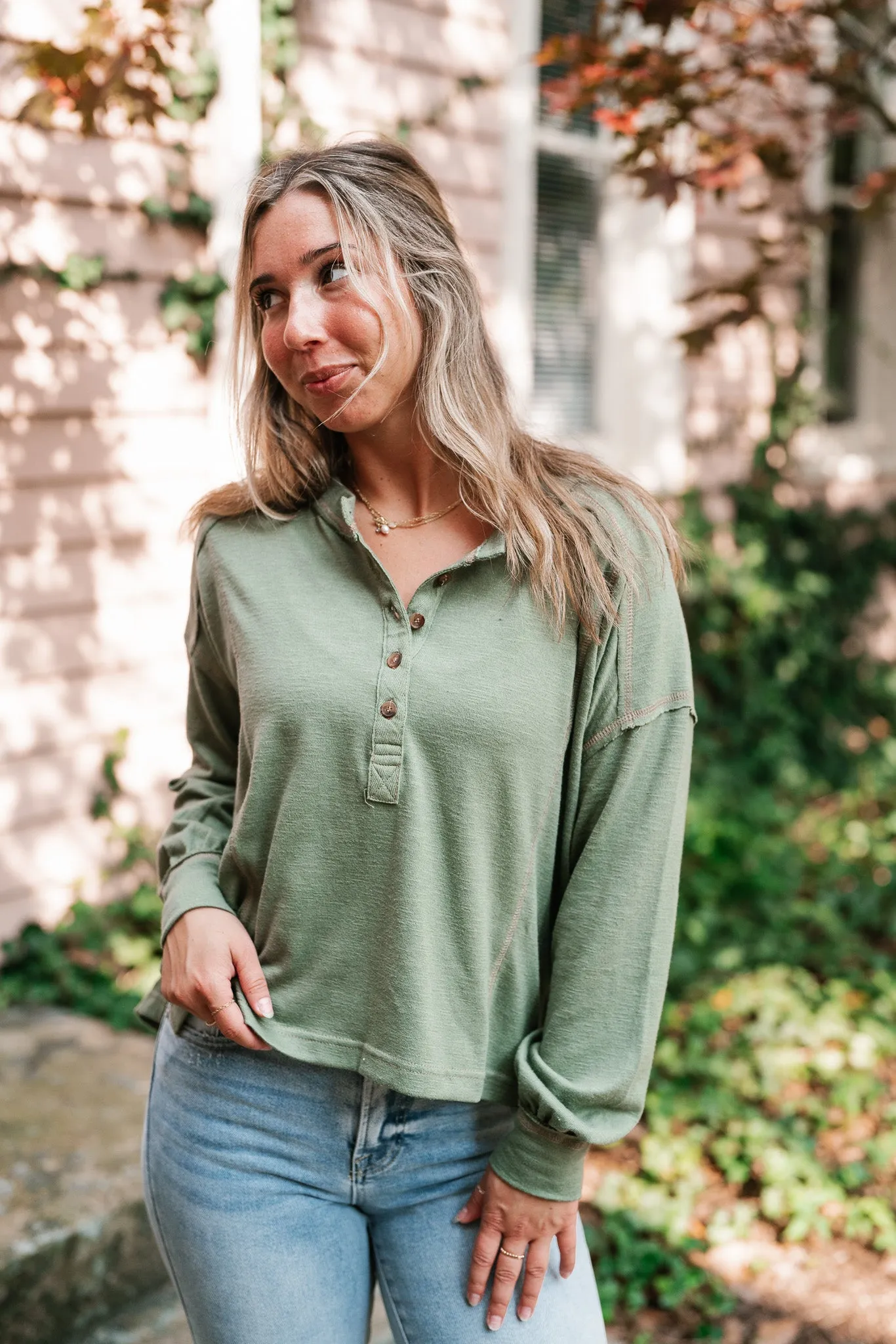 Keeping It Cozy Long Sleeve Henley Top - Olive