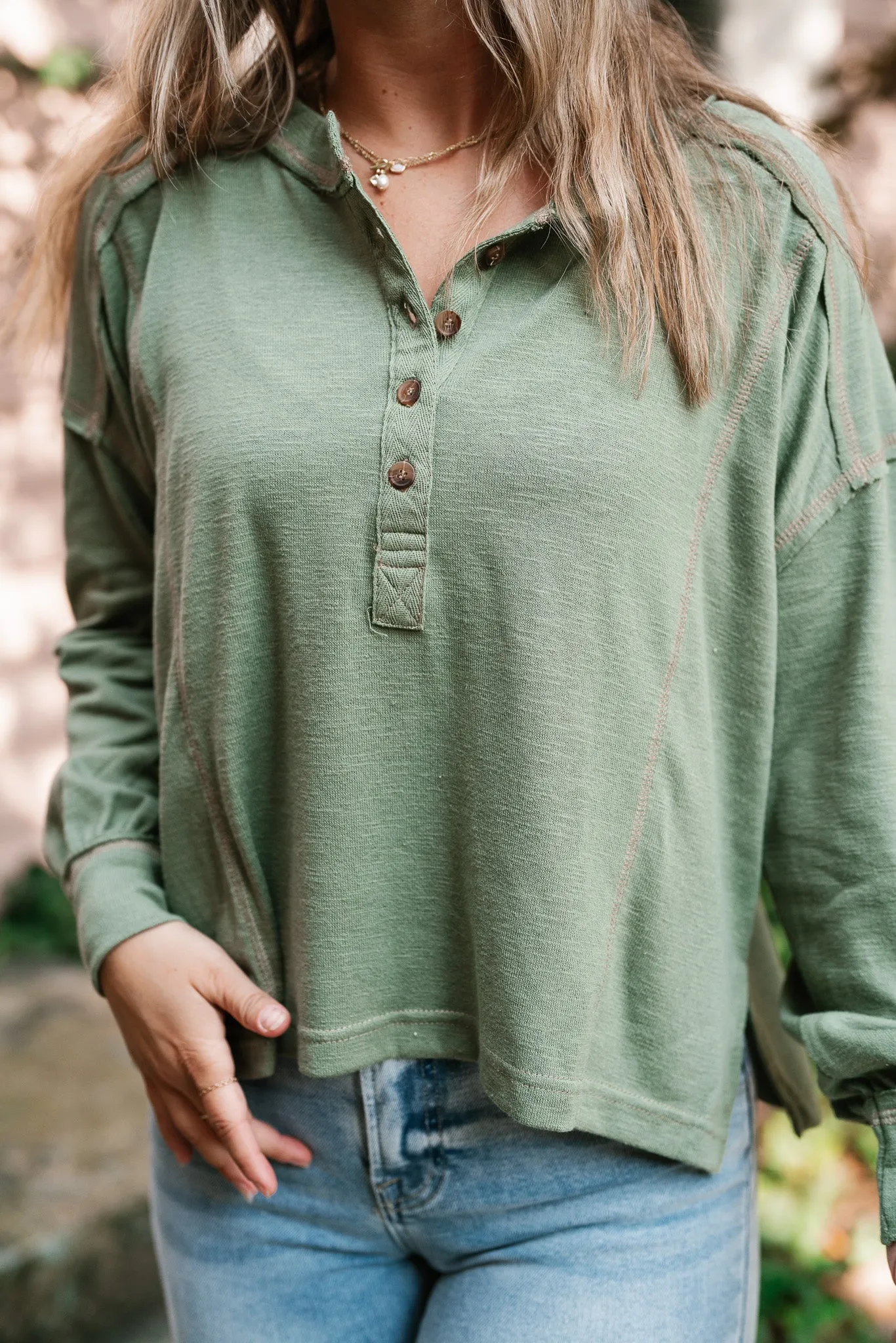 Keeping It Cozy Long Sleeve Henley Top - Olive