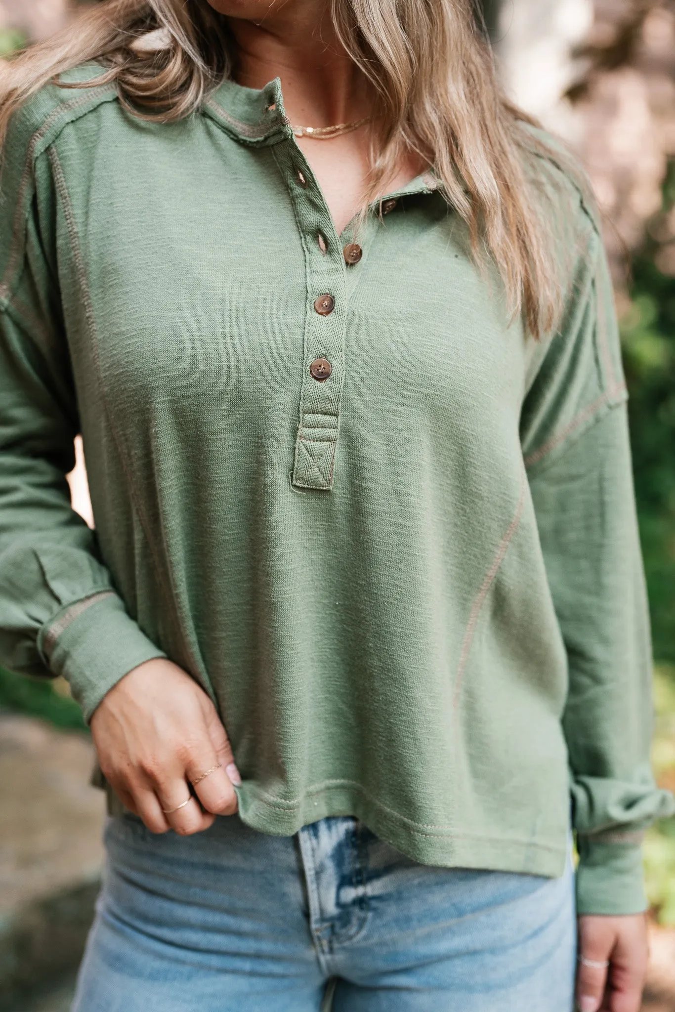 Keeping It Cozy Long Sleeve Henley Top - Olive