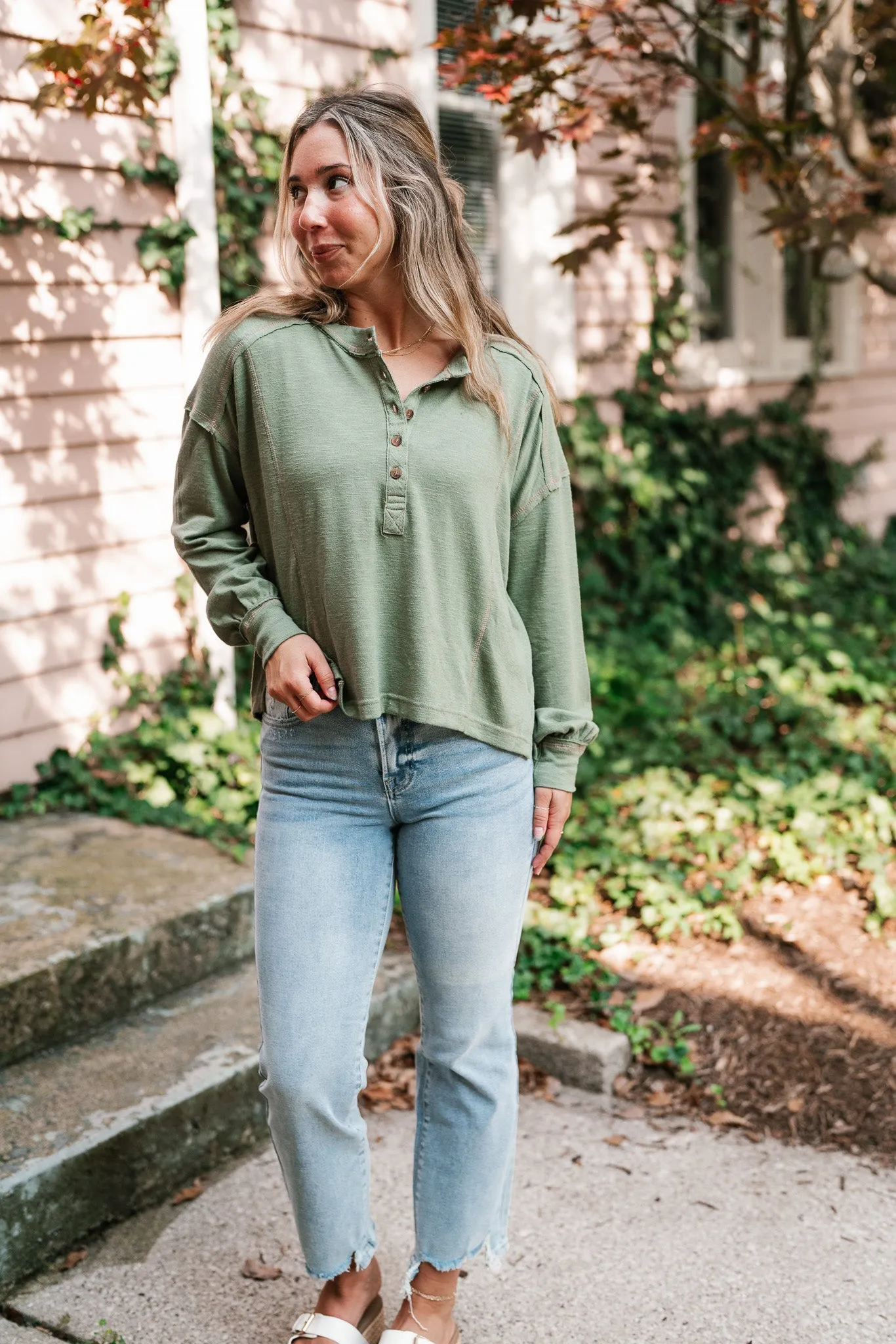 Keeping It Cozy Long Sleeve Henley Top - Olive