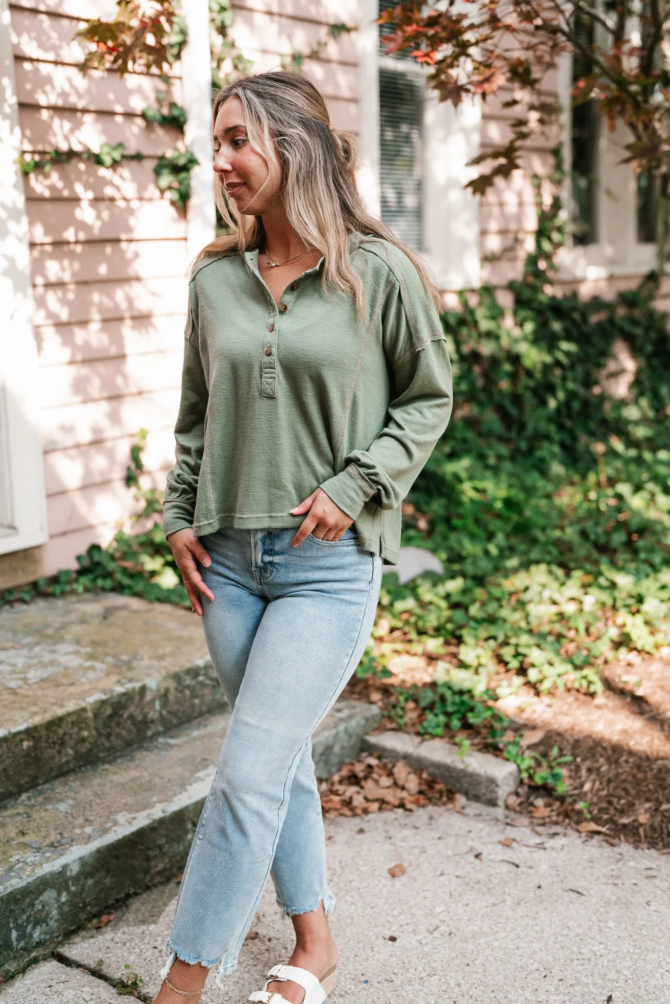 Keeping It Cozy Long Sleeve Henley Top - Olive