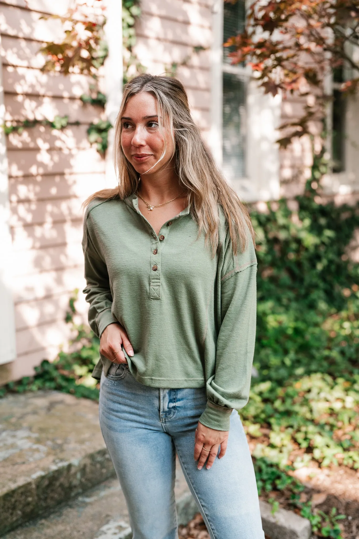 Keeping It Cozy Long Sleeve Henley Top - Olive