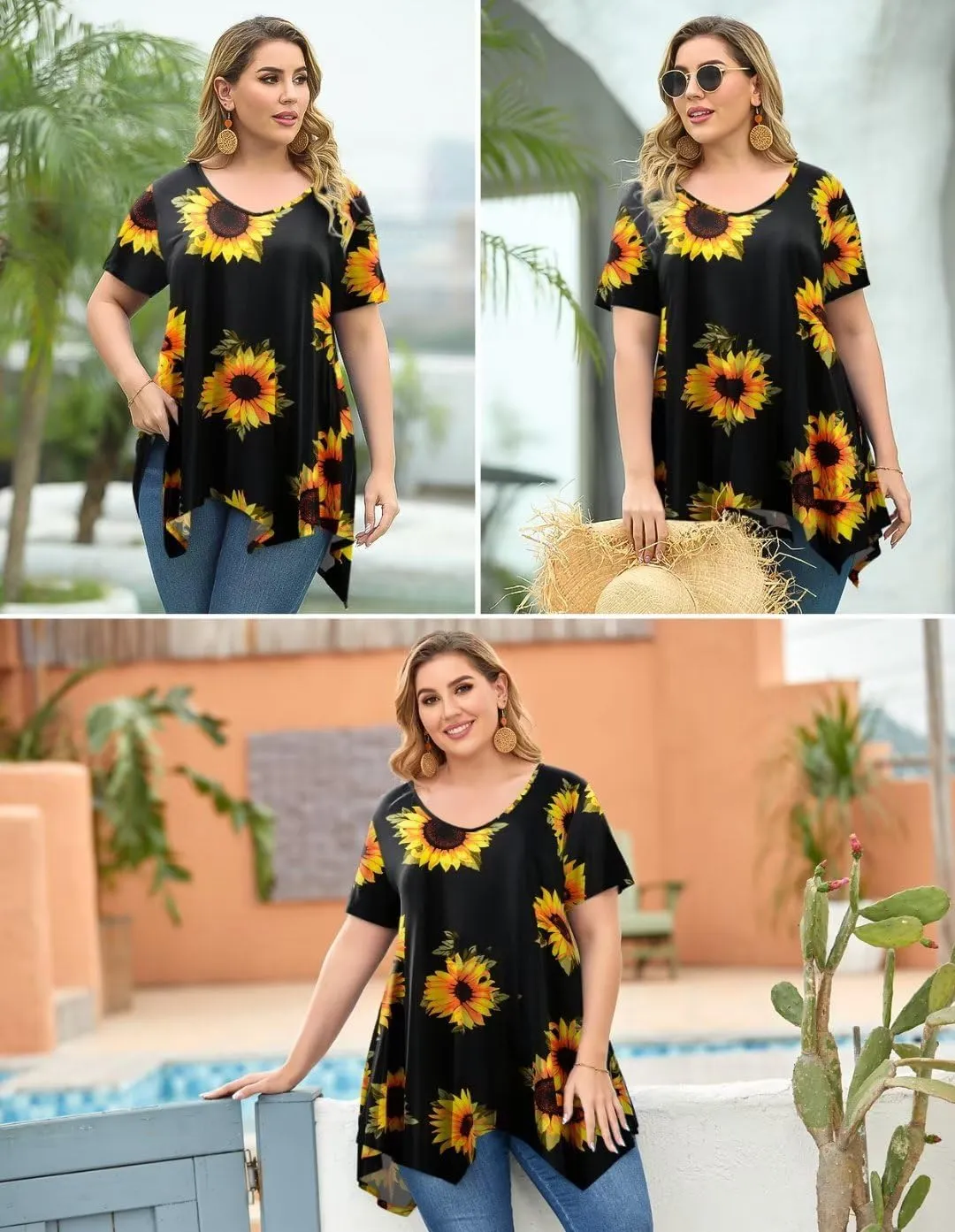 LARACE Plus Size Tops for Womens Summer Clothes Short Sleeve Shirts Casual V Neck Tunic Asymmetrical Blouses