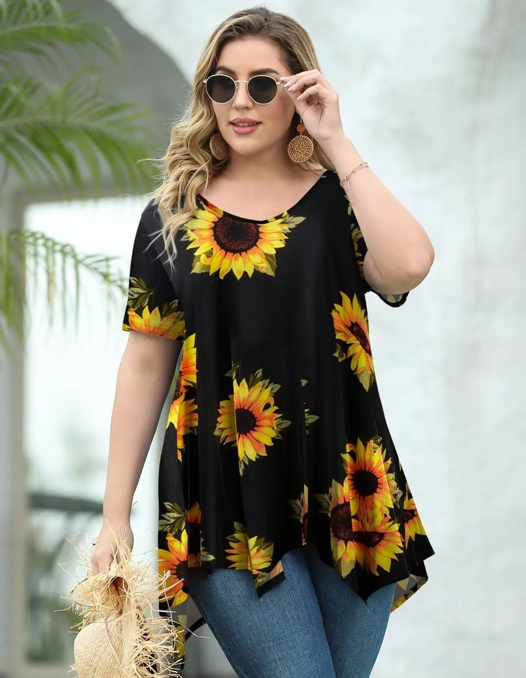 LARACE Plus Size Tops for Womens Summer Clothes Short Sleeve Shirts Casual V Neck Tunic Asymmetrical Blouses