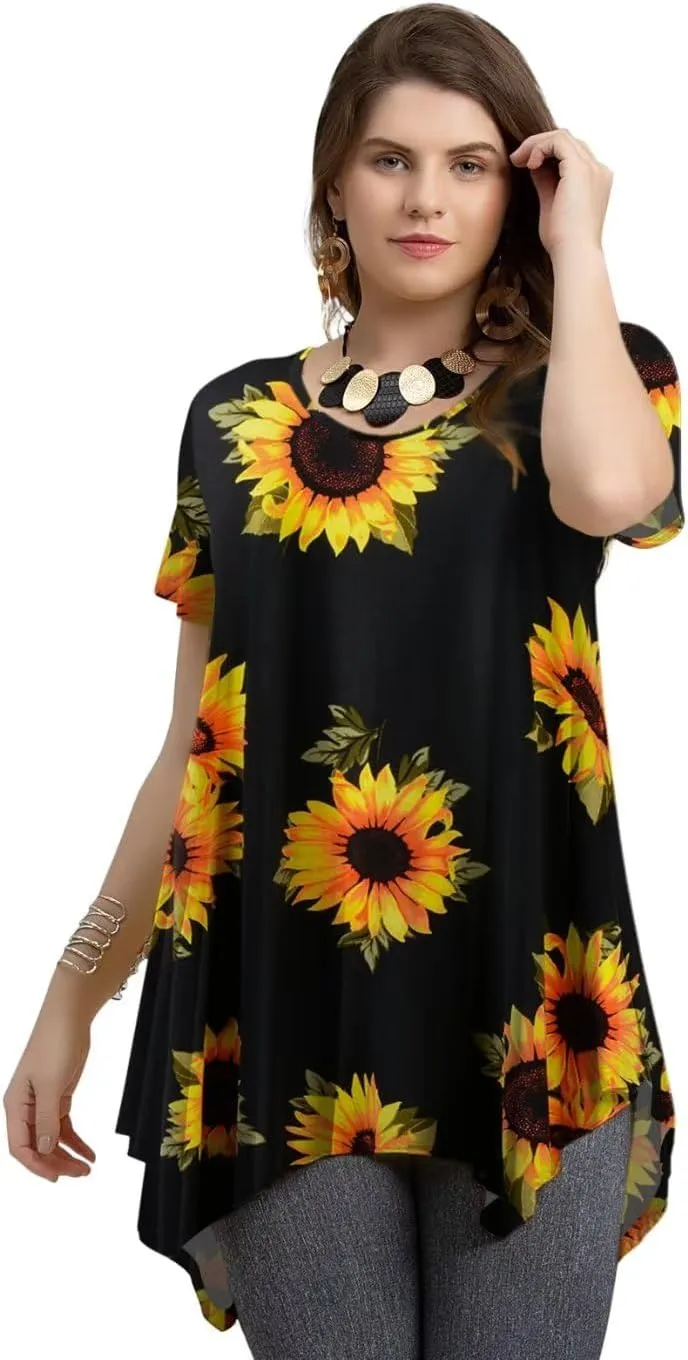 LARACE Plus Size Tops for Womens Summer Clothes Short Sleeve Shirts Casual V Neck Tunic Asymmetrical Blouses