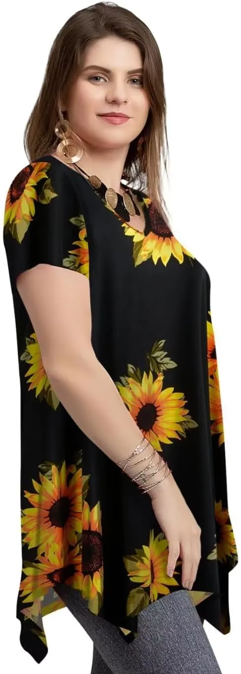 LARACE Plus Size Tops for Womens Summer Clothes Short Sleeve Shirts Casual V Neck Tunic Asymmetrical Blouses