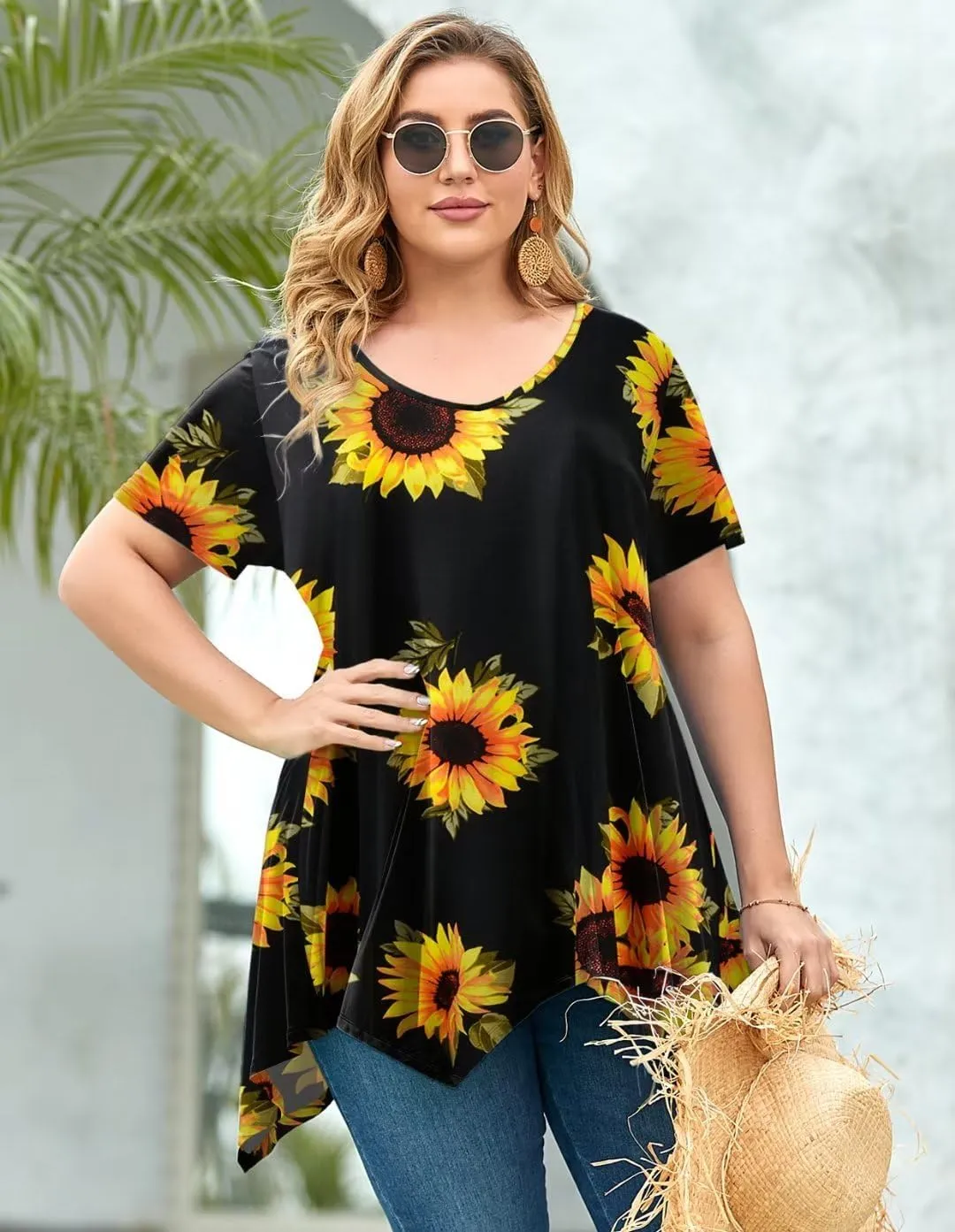 LARACE Plus Size Tops for Womens Summer Clothes Short Sleeve Shirts Casual V Neck Tunic Asymmetrical Blouses