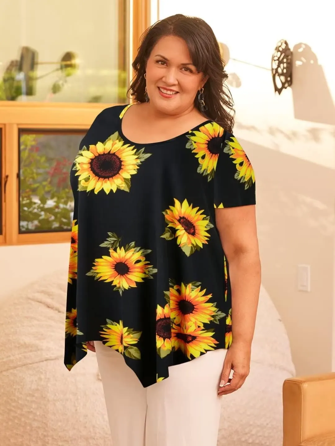 LARACE Plus Size Tops for Womens Summer Clothes Short Sleeve Shirts Casual V Neck Tunic Asymmetrical Blouses