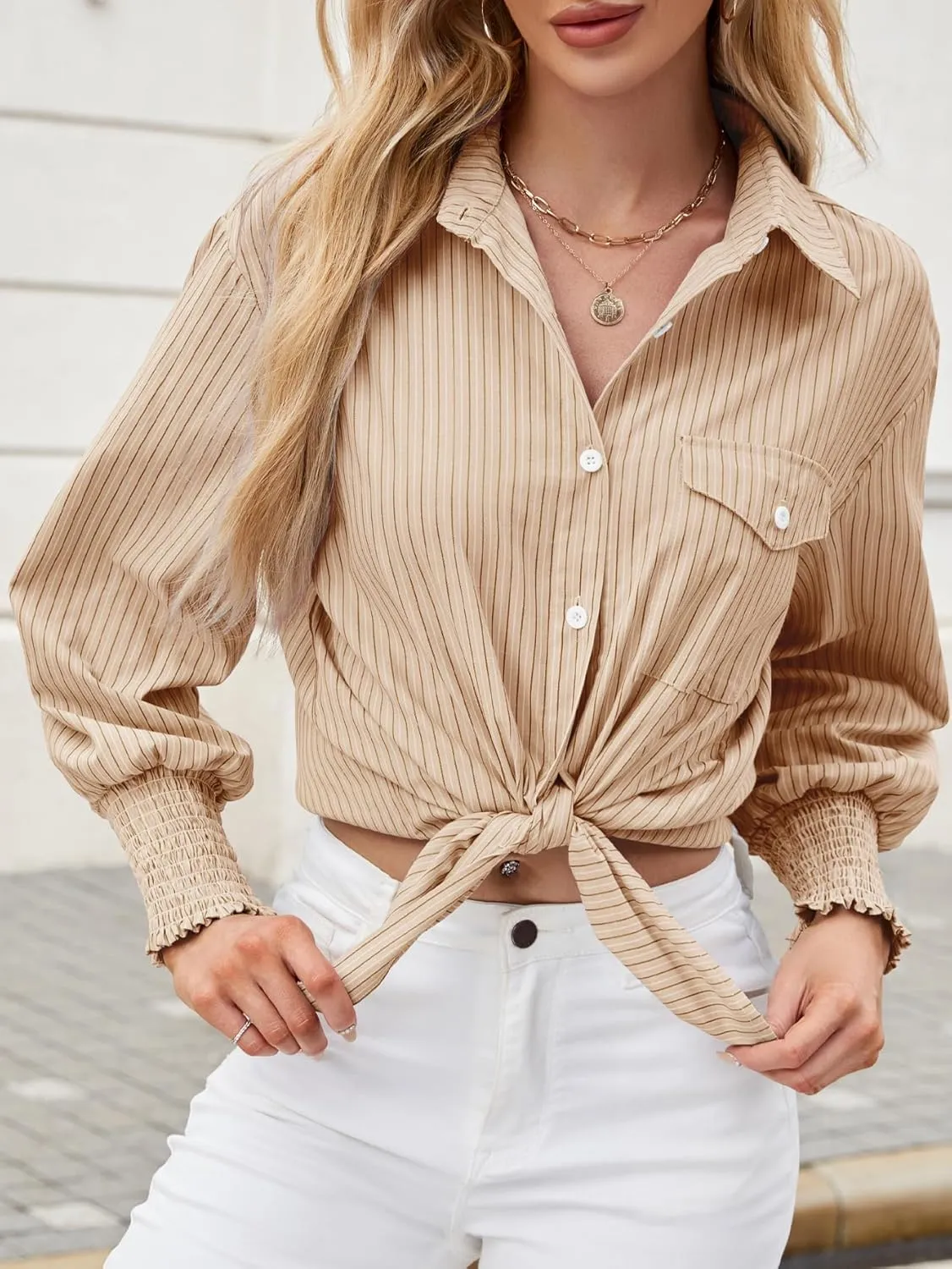 LEMAFER Womens 2025 Smocked Cuffed Striped Boyfriend Shirt Flap Pocket Cotton-Blend Casual Button Down Collared Blouse