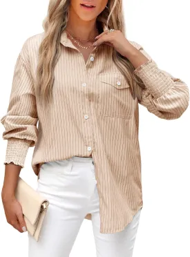 LEMAFER Womens 2025 Smocked Cuffed Striped Boyfriend Shirt Flap Pocket Cotton-Blend Casual Button Down Collared Blouse
