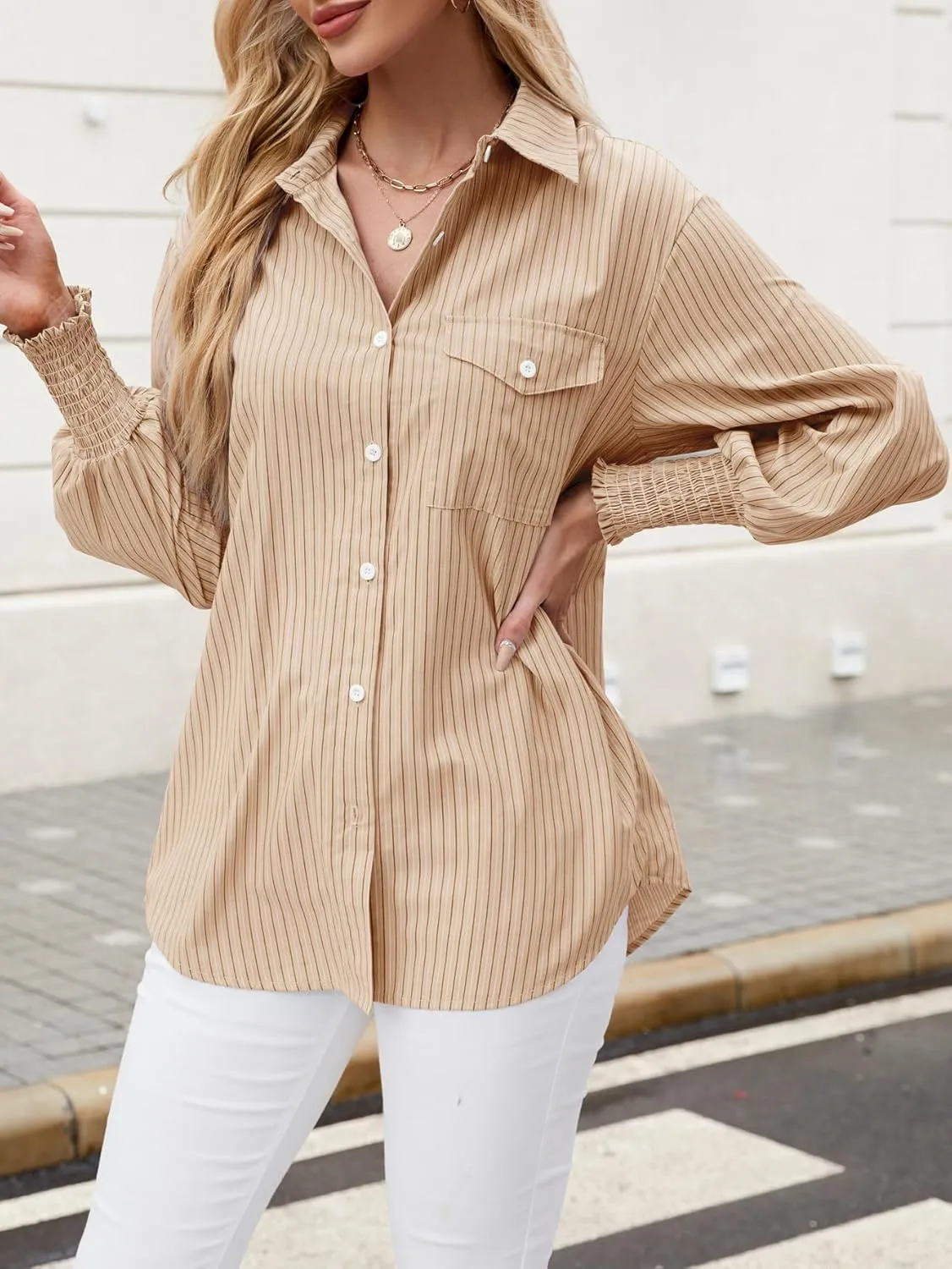 LEMAFER Womens 2025 Smocked Cuffed Striped Boyfriend Shirt Flap Pocket Cotton-Blend Casual Button Down Collared Blouse