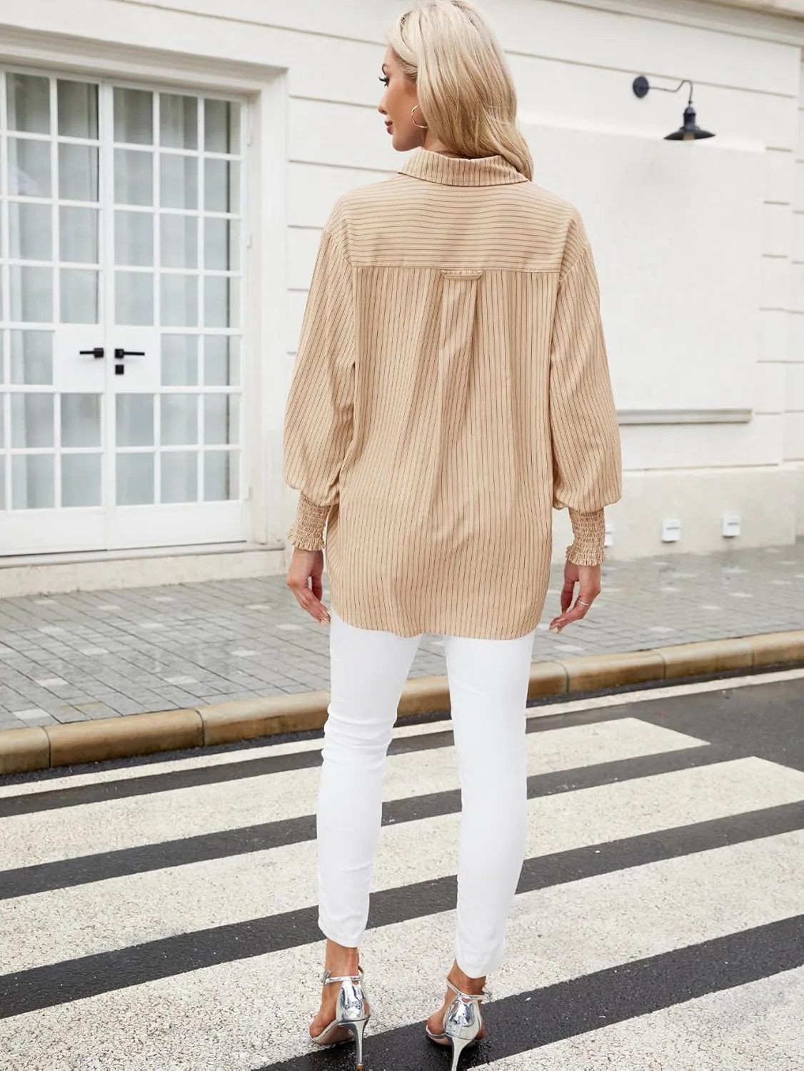 LEMAFER Womens 2025 Smocked Cuffed Striped Boyfriend Shirt Flap Pocket Cotton-Blend Casual Button Down Collared Blouse