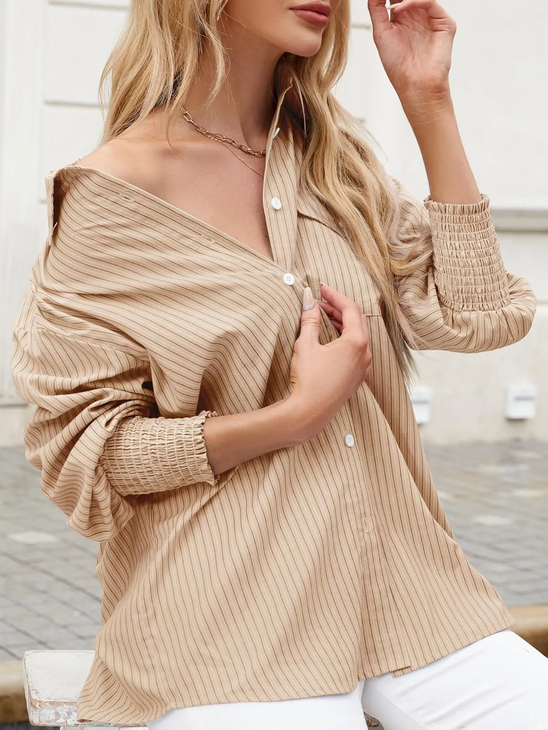 LEMAFER Womens 2025 Smocked Cuffed Striped Boyfriend Shirt Flap Pocket Cotton-Blend Casual Button Down Collared Blouse