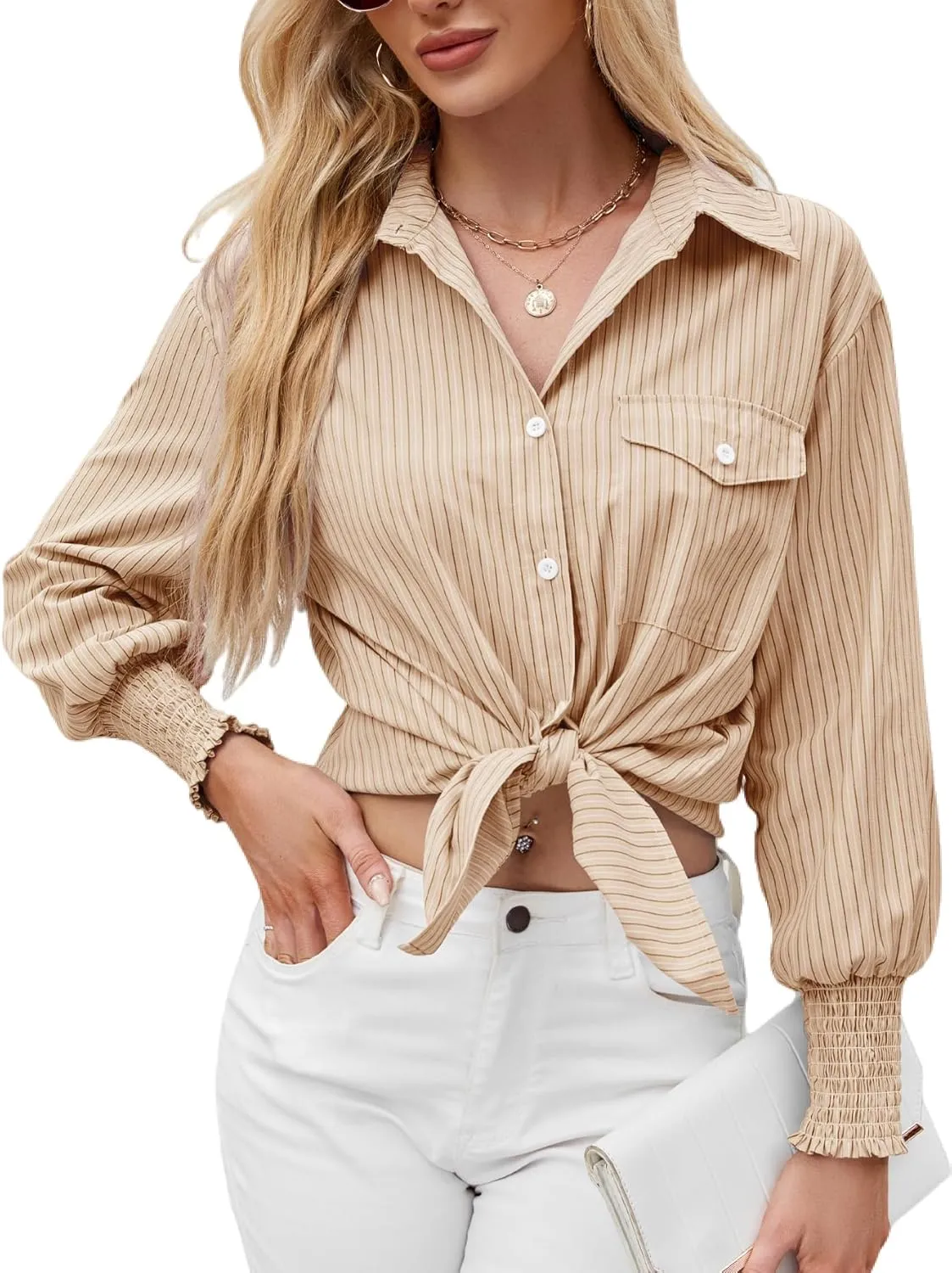 LEMAFER Womens 2025 Smocked Cuffed Striped Boyfriend Shirt Flap Pocket Cotton-Blend Casual Button Down Collared Blouse