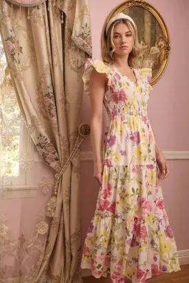 Leonie Floral SunBre Tiered Blush Yellow Midi Dress
