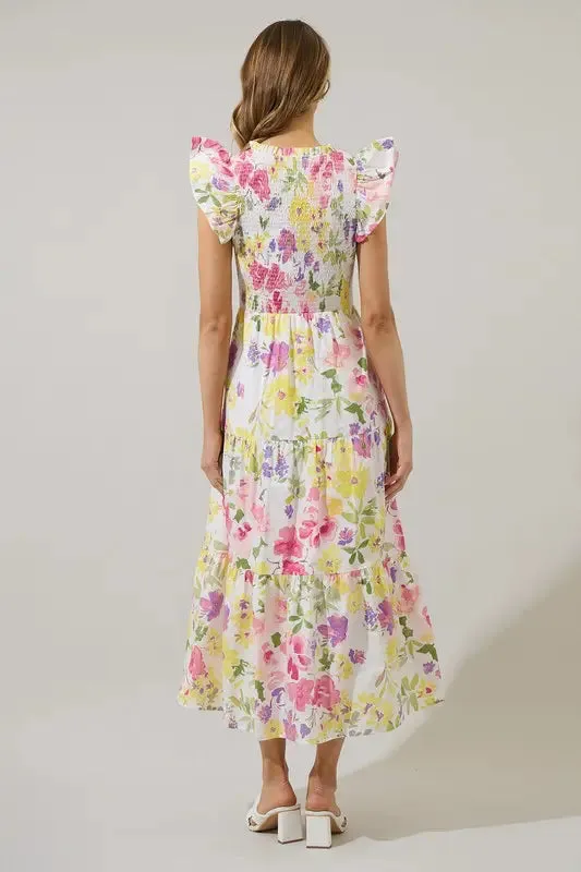 Leonie Floral SunBre Tiered Blush Yellow Midi Dress