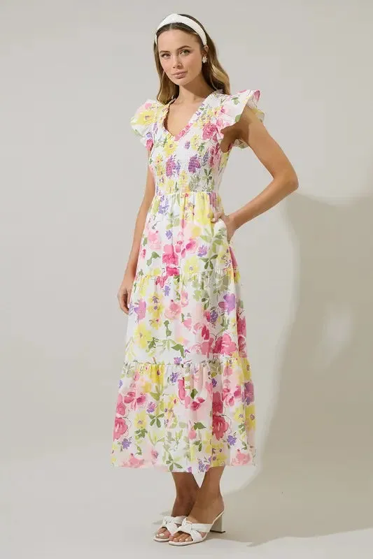 Leonie Floral SunBre Tiered Blush Yellow Midi Dress