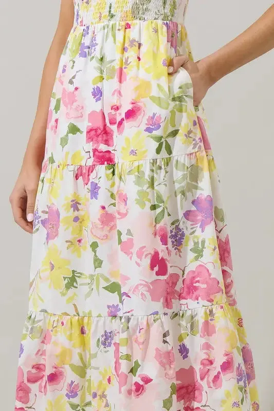 Leonie Floral SunBre Tiered Blush Yellow Midi Dress