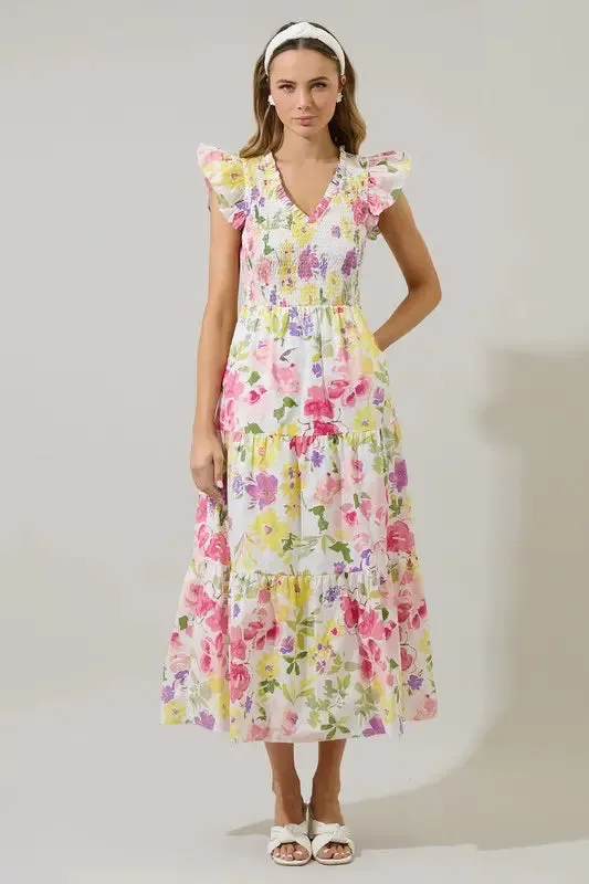 Leonie Floral SunBre Tiered Blush Yellow Midi Dress