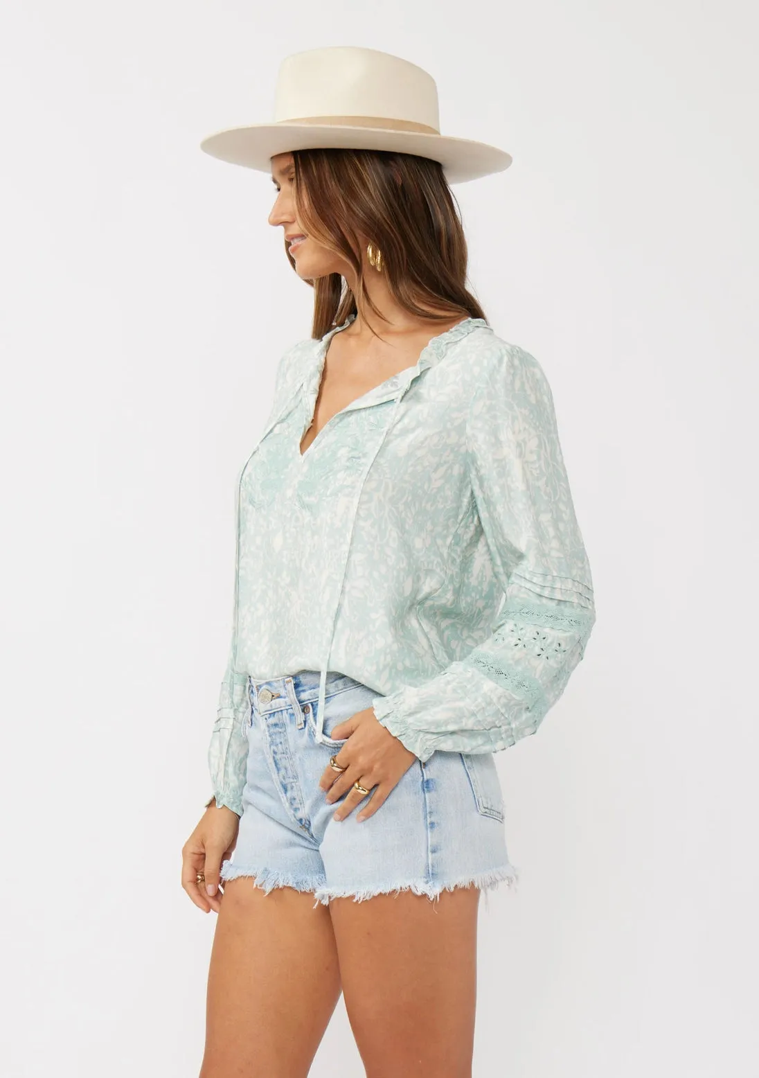 Light Teal Floral Split Neck Long Sleeve Blouse w/ Embroidered Cut Work