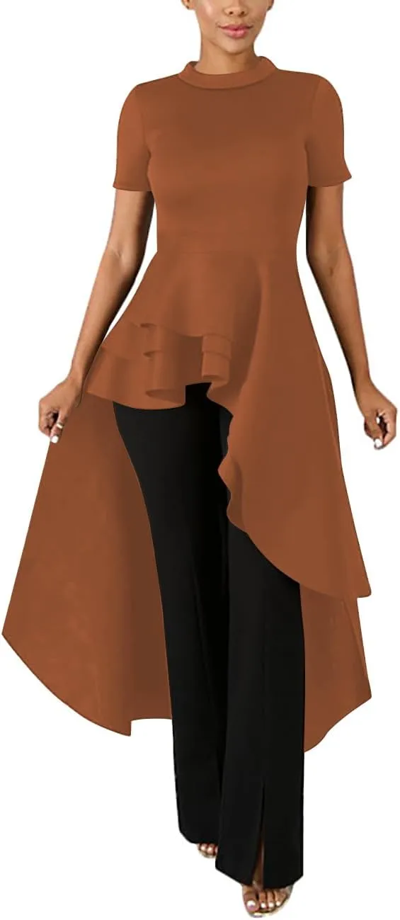 Lrady Womens Casual Shirt Dress High Low Irregular Ruffle Hem Blouse Asymmetrical Peplum Long Tunic Tops