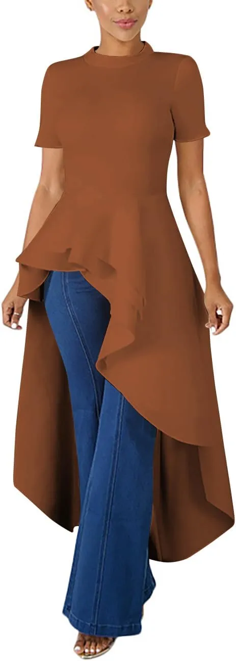 Lrady Womens Casual Shirt Dress High Low Irregular Ruffle Hem Blouse Asymmetrical Peplum Long Tunic Tops