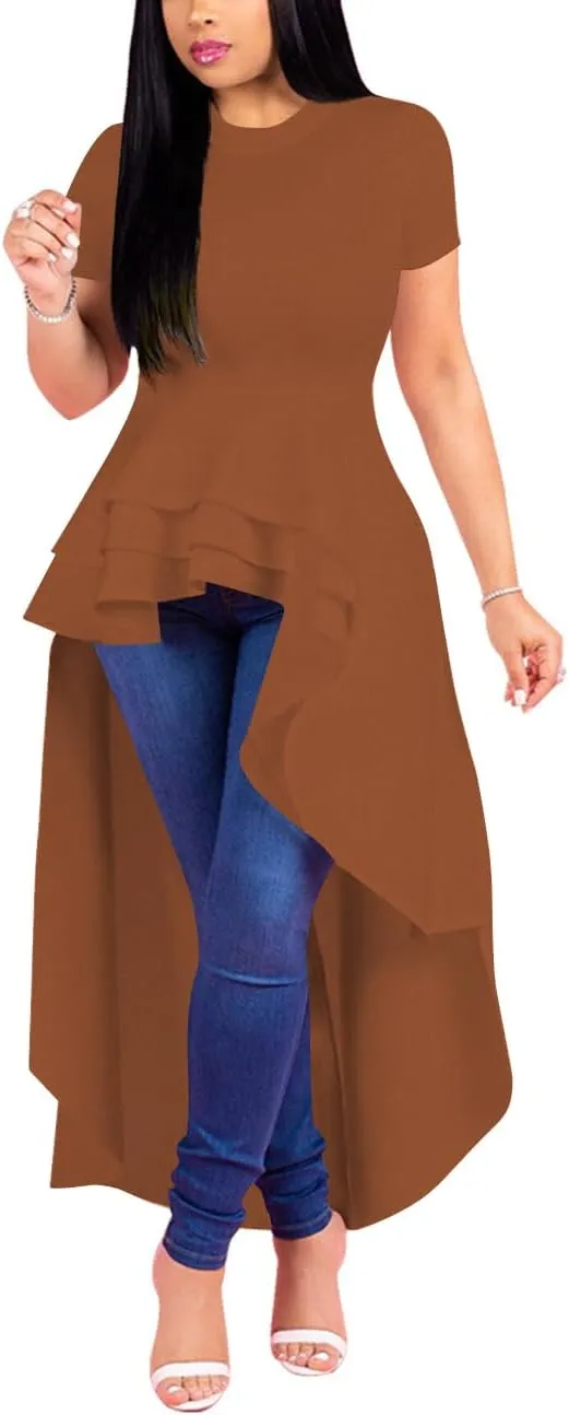 Lrady Womens Casual Shirt Dress High Low Irregular Ruffle Hem Blouse Asymmetrical Peplum Long Tunic Tops