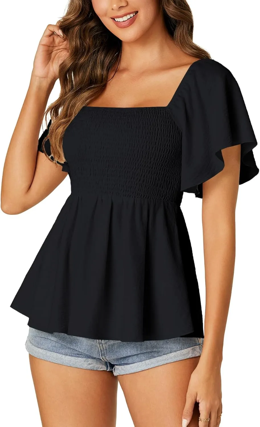 LYANER Women's Square Neck Smocked Peplum Top Ruffle Short Sleeve Shirred Babydoll Blouse