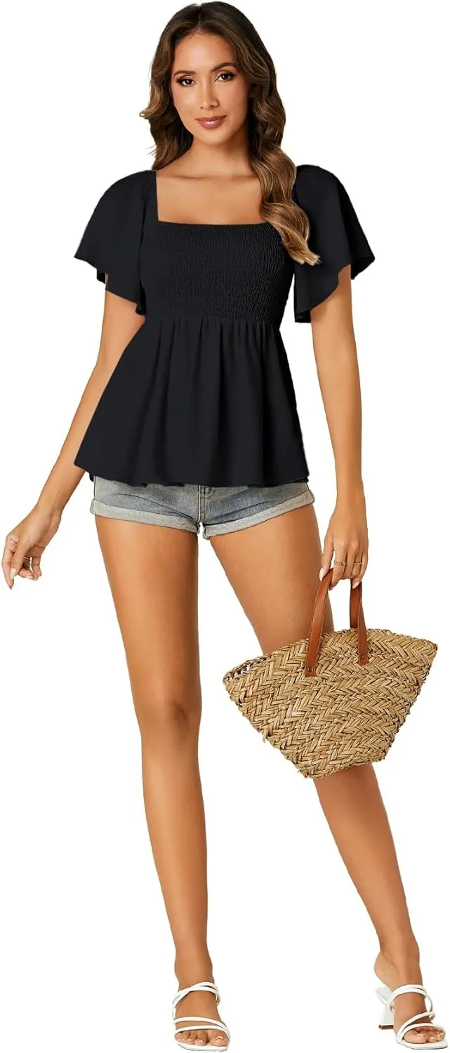 LYANER Women's Square Neck Smocked Peplum Top Ruffle Short Sleeve Shirred Babydoll Blouse