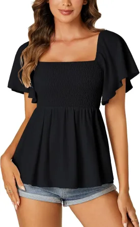 LYANER Women's Square Neck Smocked Peplum Top Ruffle Short Sleeve Shirred Babydoll Blouse
