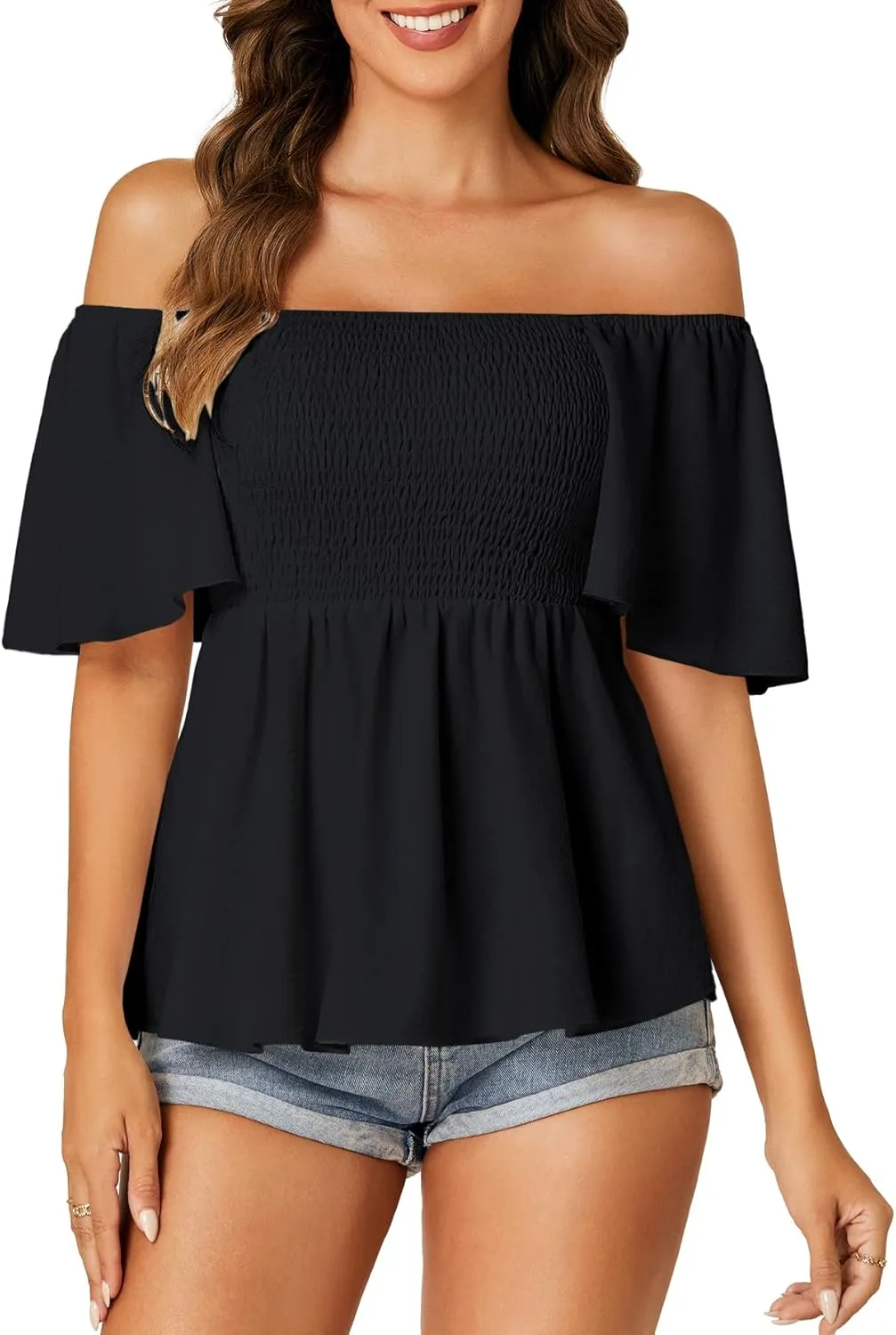 LYANER Women's Square Neck Smocked Peplum Top Ruffle Short Sleeve Shirred Babydoll Blouse
