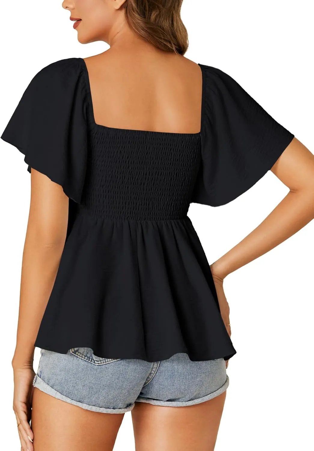 LYANER Women's Square Neck Smocked Peplum Top Ruffle Short Sleeve Shirred Babydoll Blouse