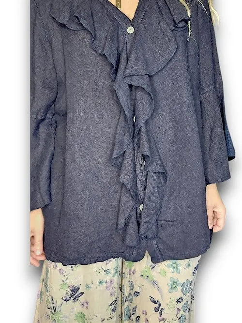 MADRID LINEN FRILL TUNIC LINEN NAVY
