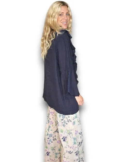 MADRID LINEN FRILL TUNIC LINEN NAVY