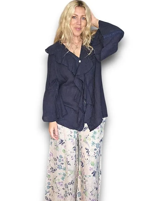 MADRID LINEN FRILL TUNIC LINEN NAVY
