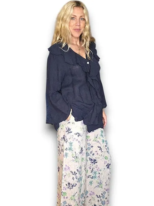 MADRID LINEN FRILL TUNIC LINEN NAVY