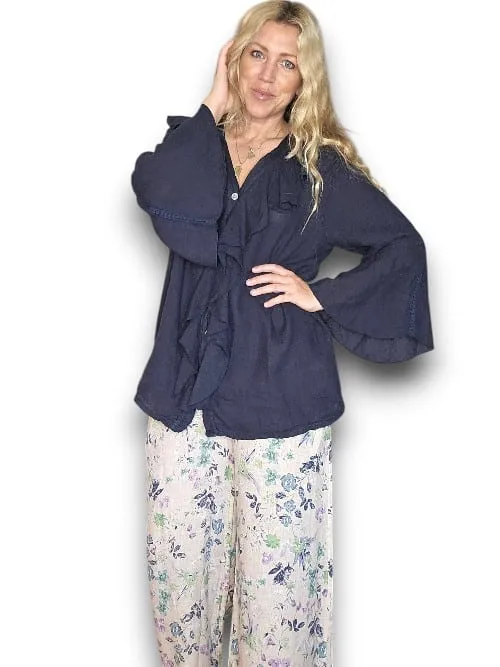MADRID LINEN FRILL TUNIC LINEN NAVY